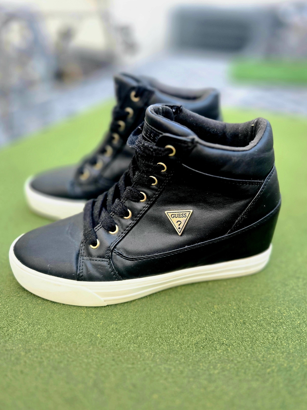 Guess HTF Y2K HighTop Sneaker Wedges Gold Logo + Eyelets LIFT VEGAN LEATHER COZY